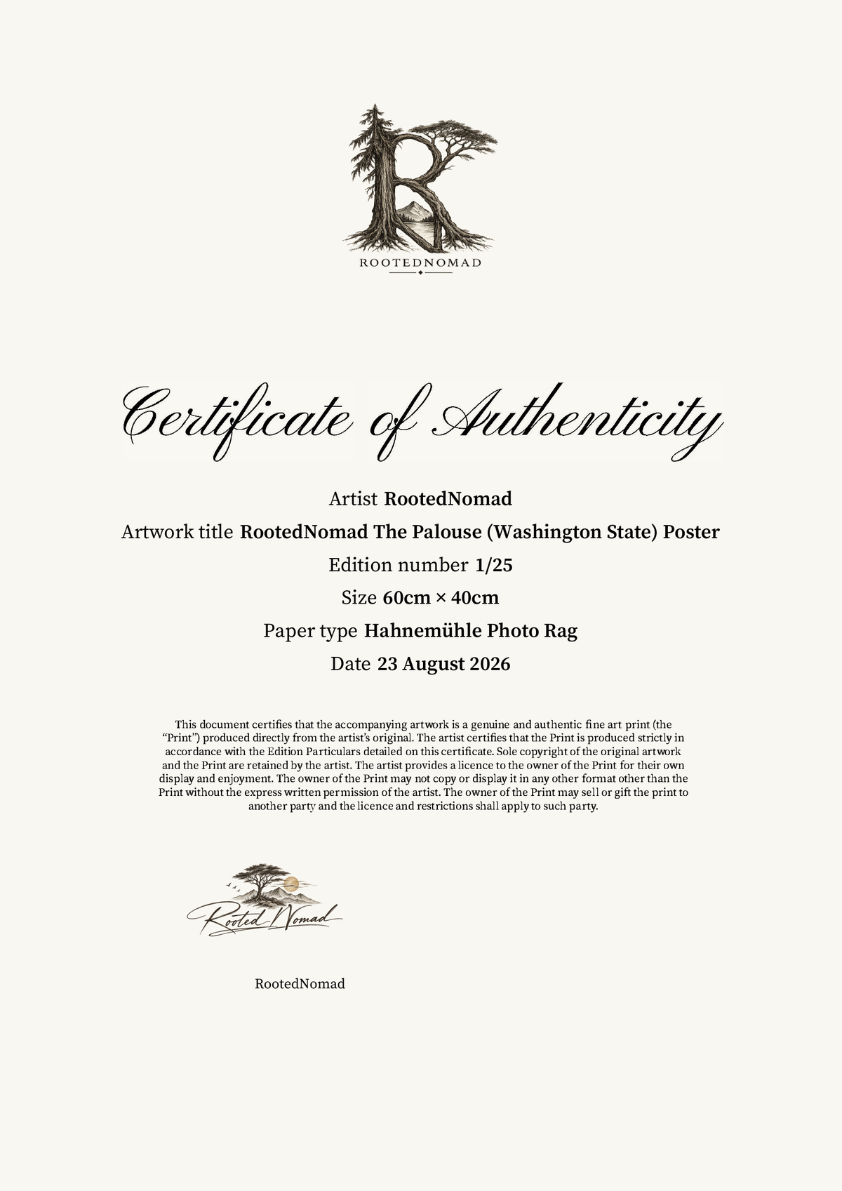 RootedNomad The Palouse (Washington State) Poster — Certificate of Authenticity